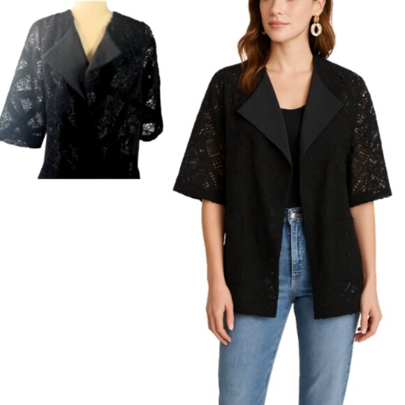 LUCKY BRAND Black Mixed Material Embroidered Mesh Open Cardigan Size S - Picture 1 of 16